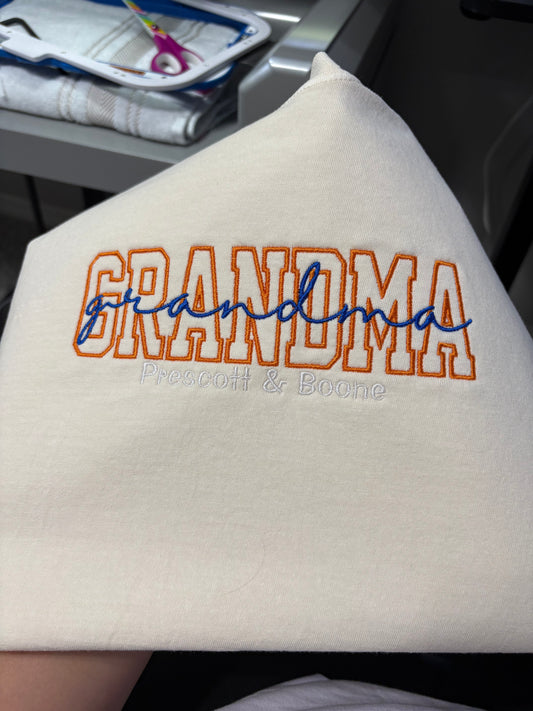 Embroidered "GRANDMA" Block & Script with Grandkids' Names T-Shirt