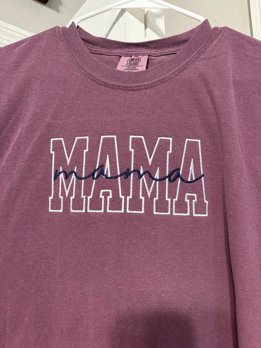 Embroidered "MAMA" Block & Script T-Shirt