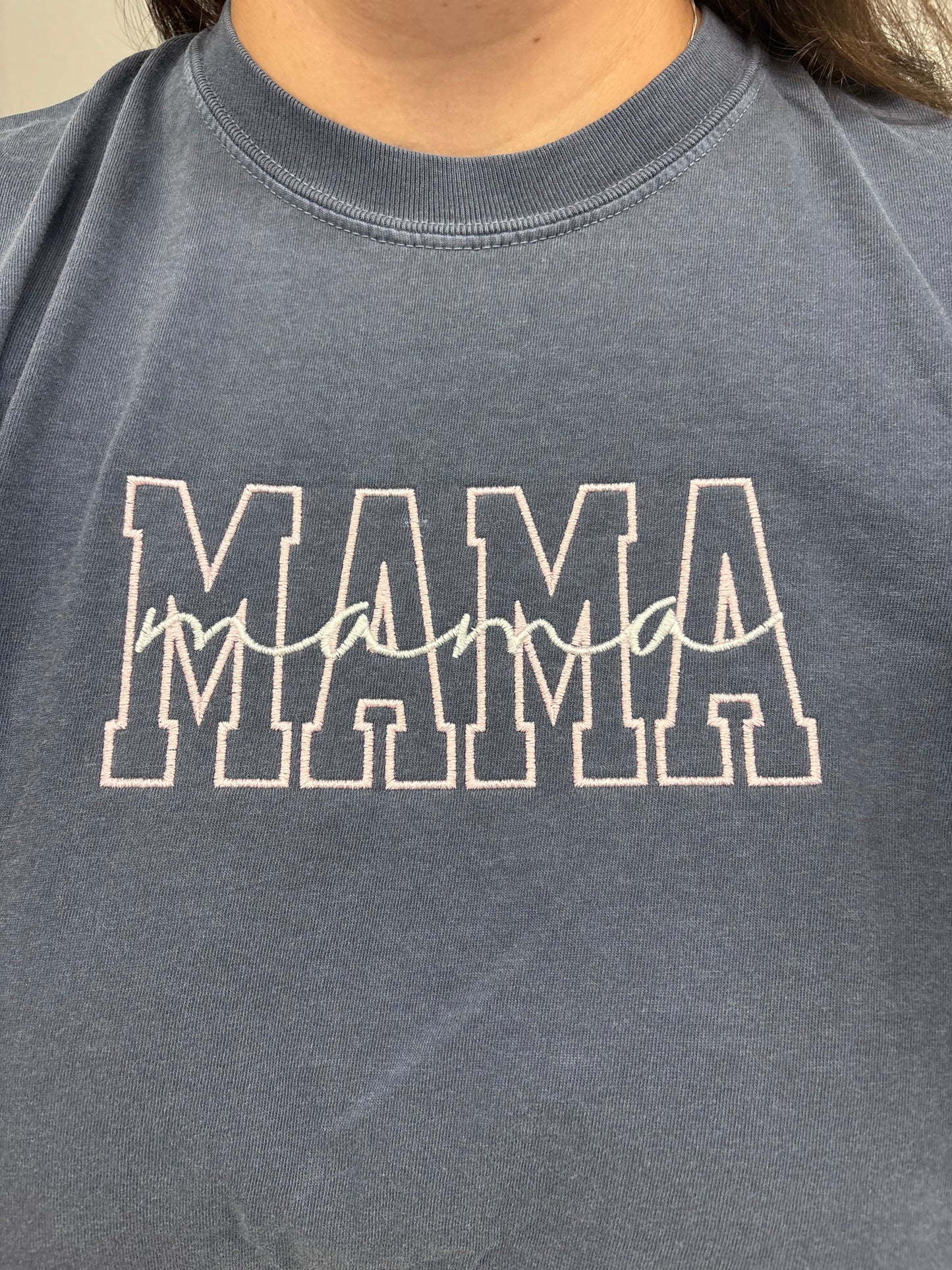 Embroidered "MAMA" Block & Script T-Shirt