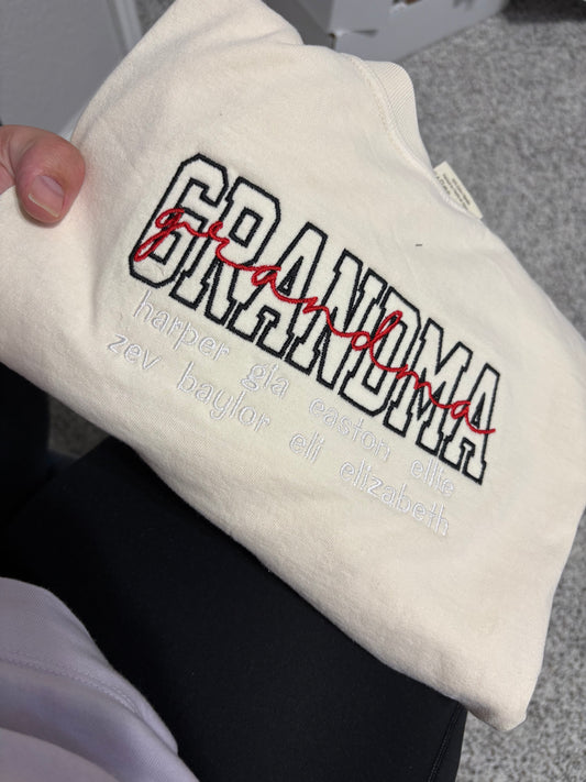 Embroidered "GRANDMA" Block & Script with Grandkids' Names T-Shirt